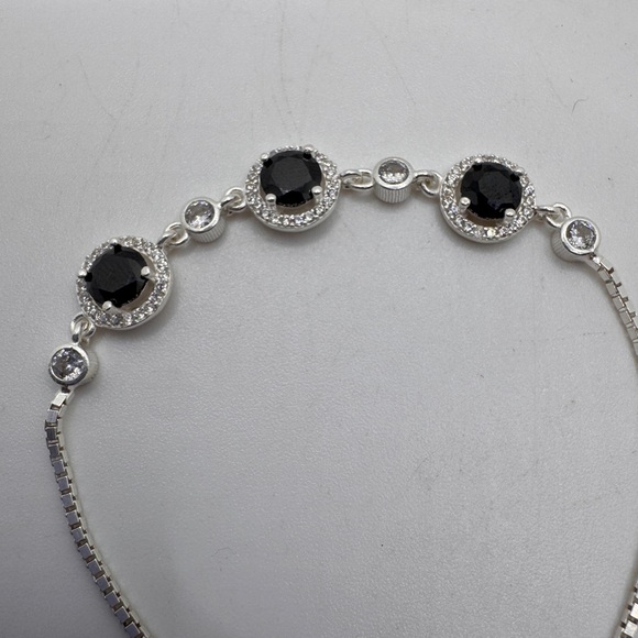 Sterling Silver Adjustable Bracelet Faux Sapphire Clear Crystals .925 - Picture 11 of 13